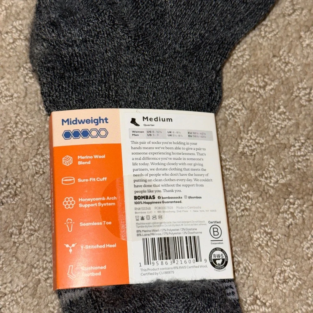 Bombas 6-Pack Men’s Merino Wool Blend Quarter Length Socks In Black And Charcoal - Picture 5 of 5